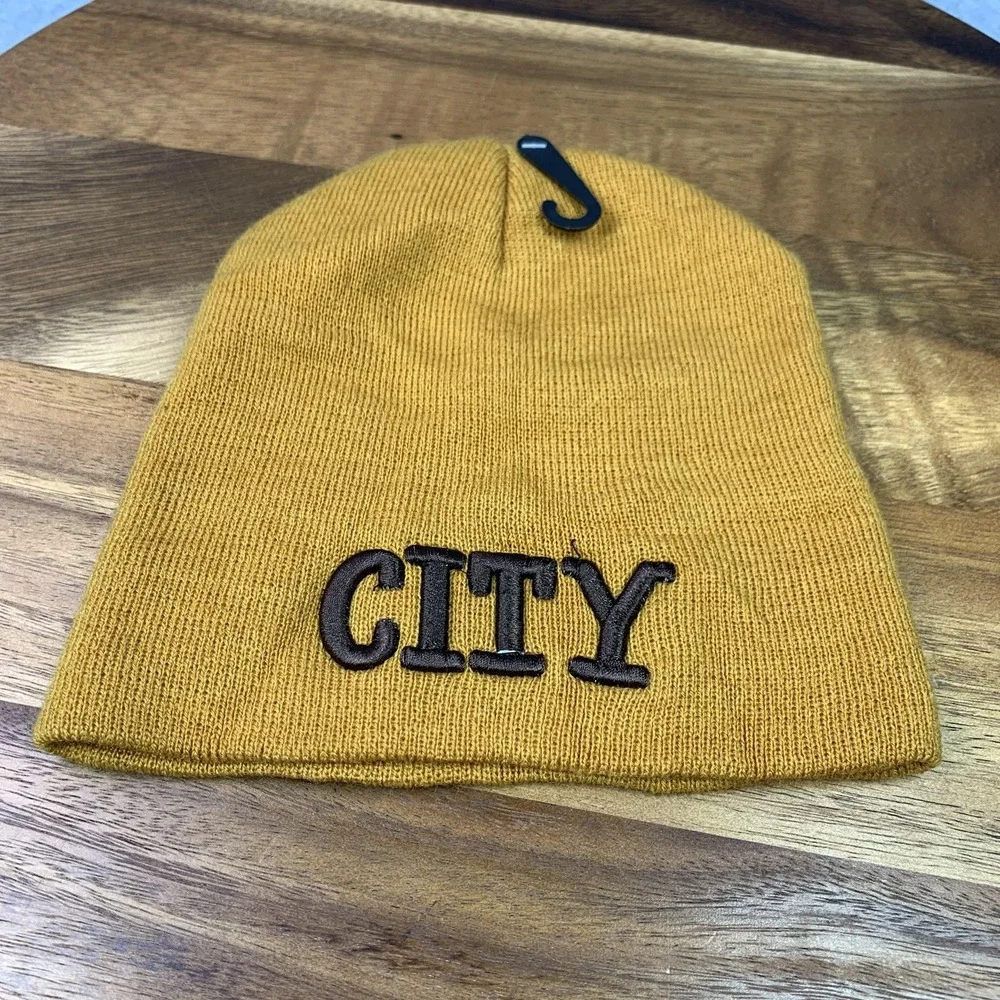 New York City Hat Beanie Knit Mens Mustard Yellow Embroidered Winter‎ Titan